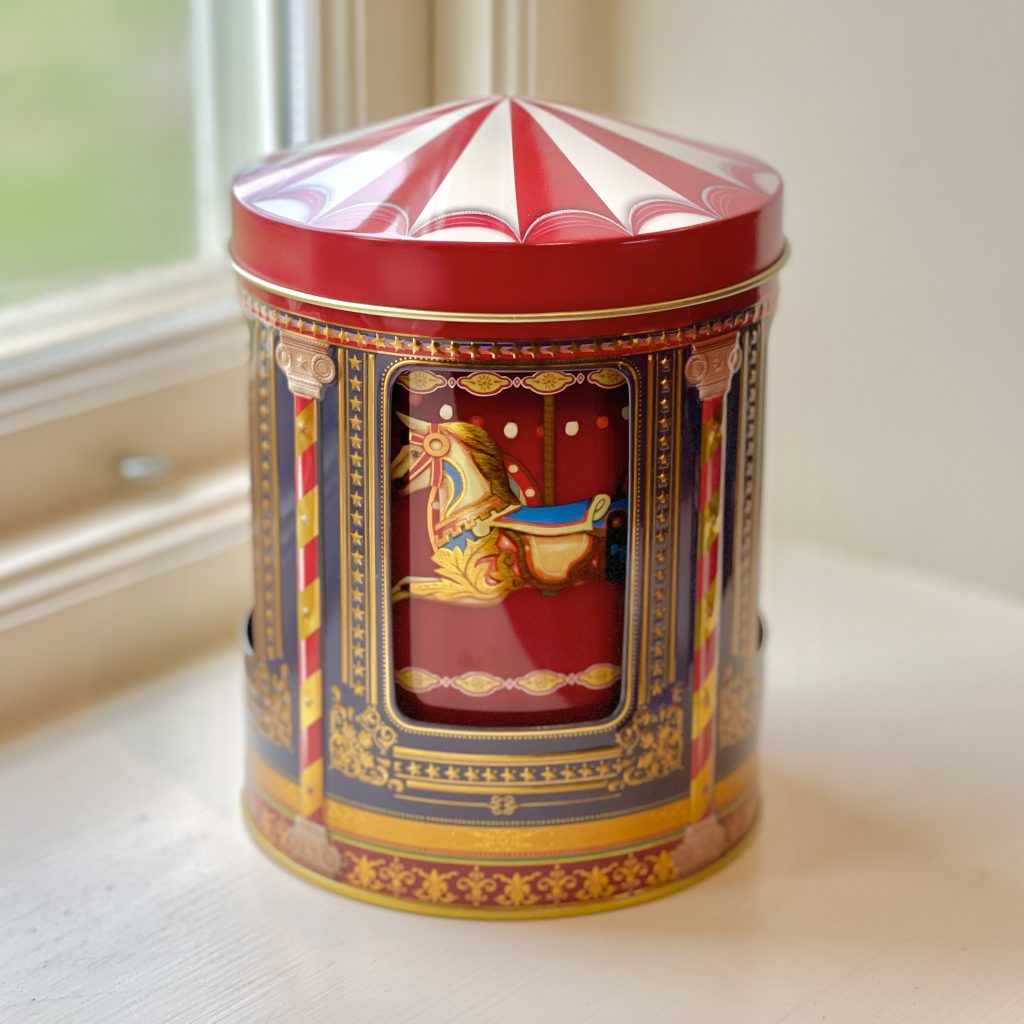 Plåtburk speldosa liten ?Karusellhästar?