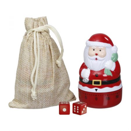 Timer tomte och tärningar till julklappsspelet
