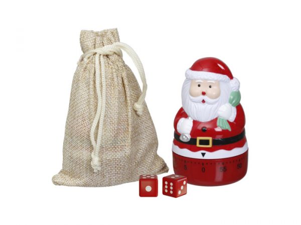 Timer tomte och tärningar till julklappsspelet