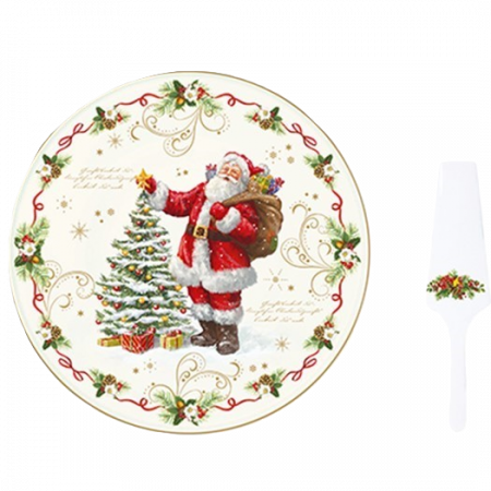 Serveringsfat av porslin med tillhörande tårtspade